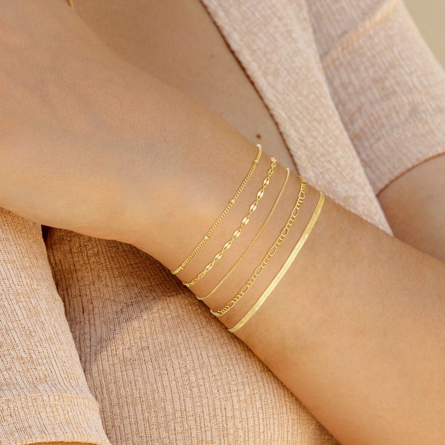 14K Gold Plated Bracelet Set for Women, Dainty Layered Bracelet Stack Simple Tiny Satellite Figaro Snake Chain Box Bracelets Cute Thin Minimalist Fashion Jewelry Gifts for Women Trendy