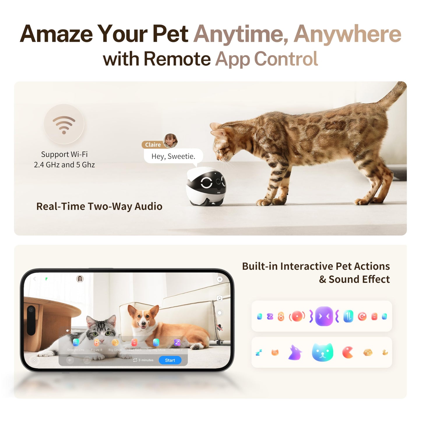 Enabot EBO ROLA Mini FamilyBot 2K Pet Camera Robot: Movable Indoor Camera Battery-Powered with Phone App, One-Touch Call, 2-Way Talk, Night Vision, Motion Detection, Video Recording