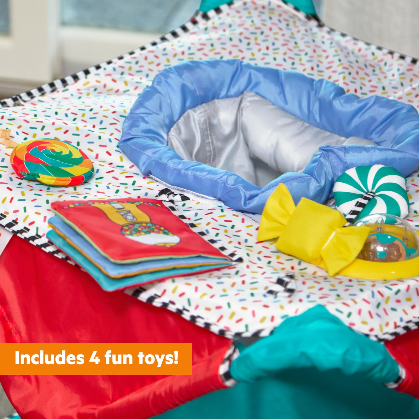 Bright Starts Pop 'N Jump Portable Baby Jumper, Foldable Indoor/Outdoor Baby Jumper with Sweet Treats with Sensory Activities, Ages 6–12 Months