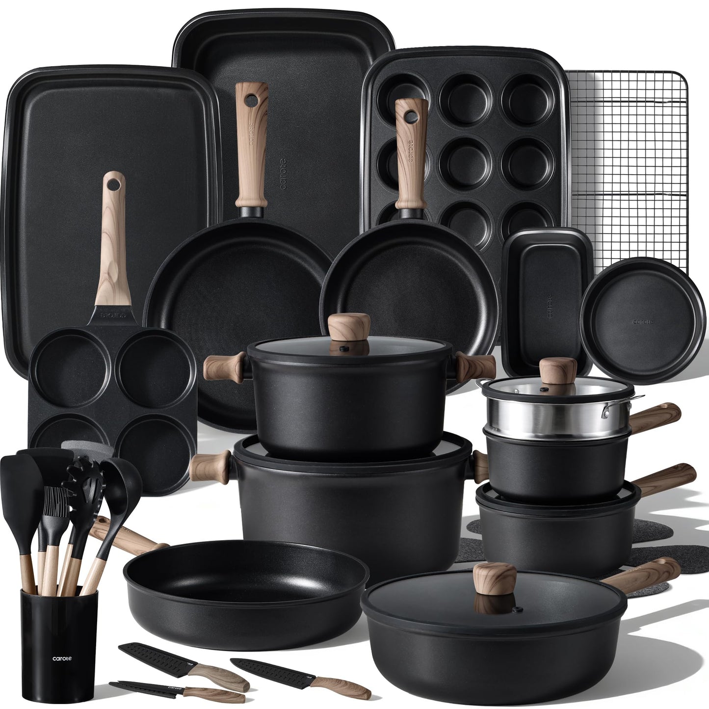 CAROTE 44pcs Nonstick Kitchen Titanium Cookware Sets, Nonstick Pots and Pans, Induction Cookware Set Kitchen Cooking Sets, Non Stick w/Frying Pan,Black