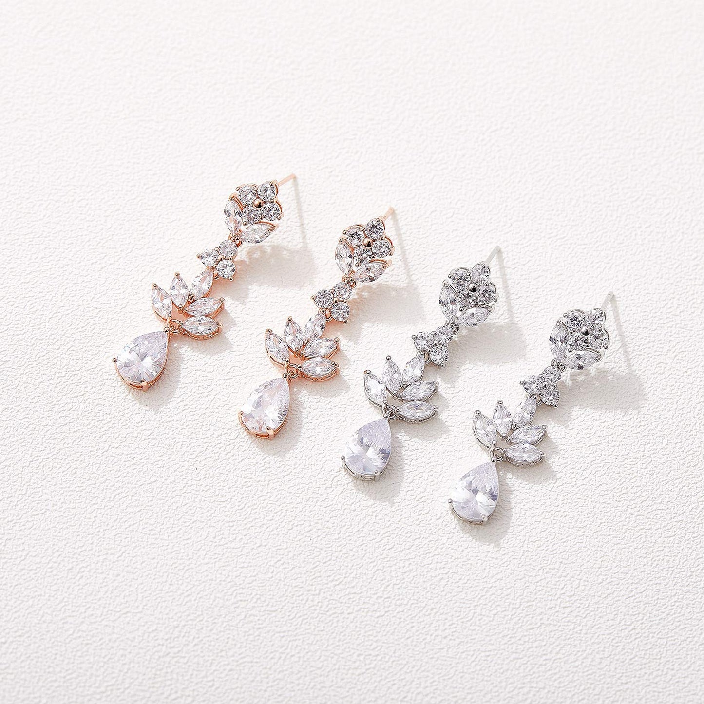 SWEETV Rose Gold Teardrop Wedding Earrings for Brides Birdesmaid, Crystal Cubic Zirconia Bridal Drop Earrings for Women Prom, Silver