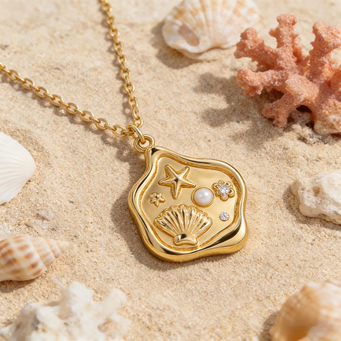 MEVECCO Dainty Gold Shell Starfish Pendent Necklace for Women 18K Gold Plated Beach Cute Starfish Pearl Necklace Irregularity Stamp Boho Handmade Ocean jewelry