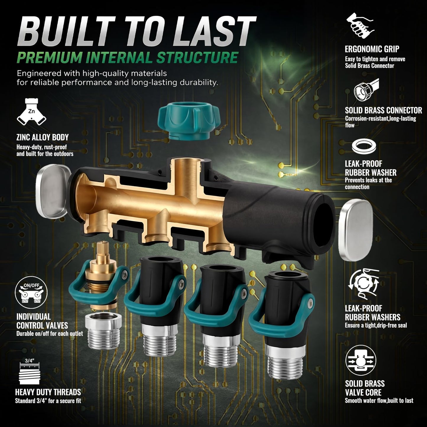 Chunful 4 Way Garden Hose Splitter Metal Water Hose Splitter Connector 3/4" Us Standard, Heavy Duty Zinc Alloy Hoses Manifold, Easy Grip & Easy to Open, 4 High-volume Valves for Irrigation Lawn Garden
