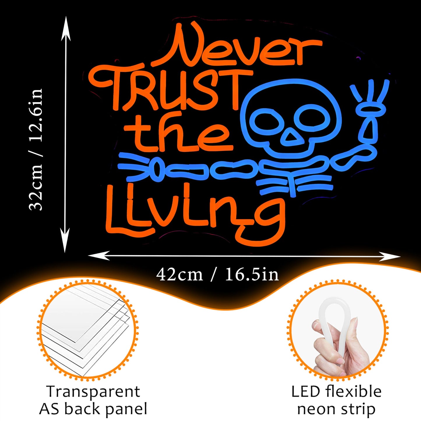 LISIGNVE Never Trust The Living Neon Sign Halloween Led Neon Light for wall Decor Skeleton Light Up Sign for Halloween Party Spooky Home Chamber of Secrets Horror Theme