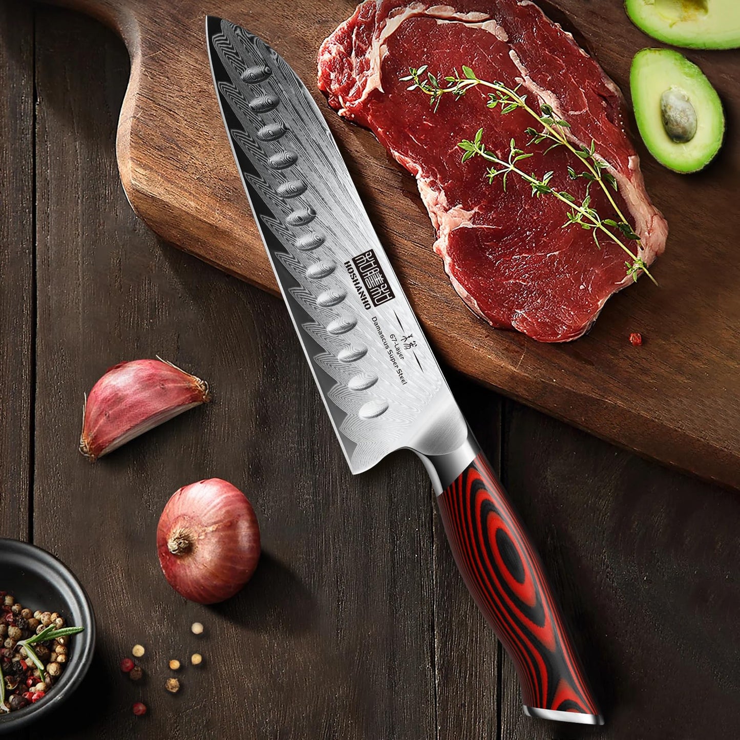 HOSHANHO Kitchen Knife Set with Block, 7 Pieces Chef Knife Set 67 Layers Damascus Steel Professional Knife Set for Cooking, Ergonomic G10 Handles with Sharpener