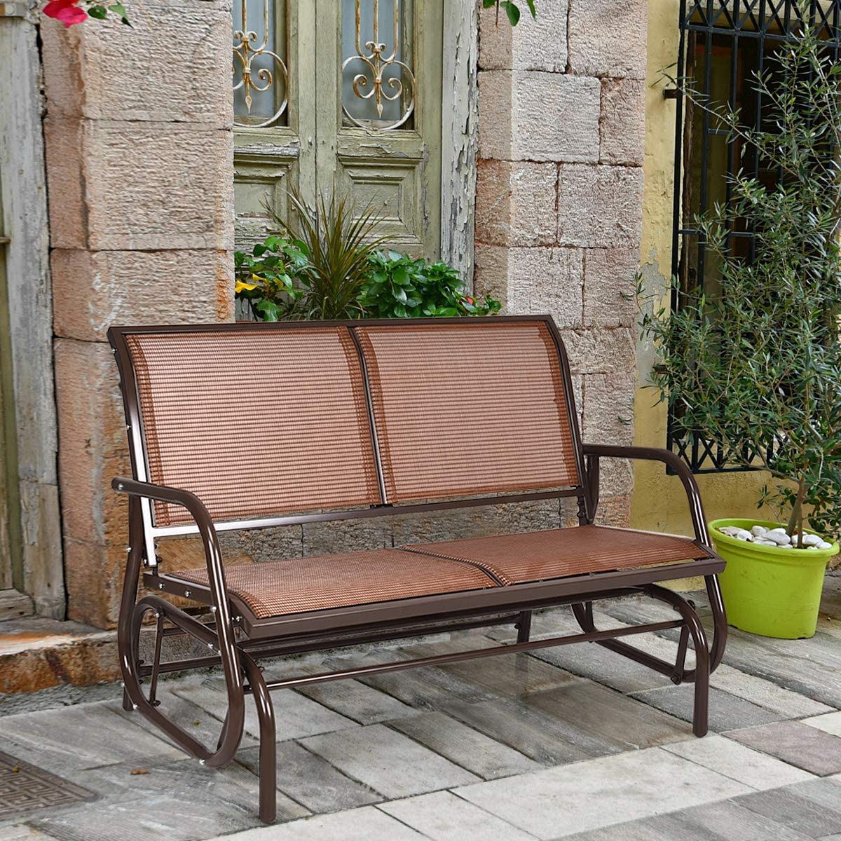 Giantex Swing Glider Chair 48 Inch with Spacious Space, 2 People Lounge Cozy Patio Bench Outdoor & Indoor for Patio, Backyard, Poolside, Lawn Steel Rocking Garden Loveseat (Brown)