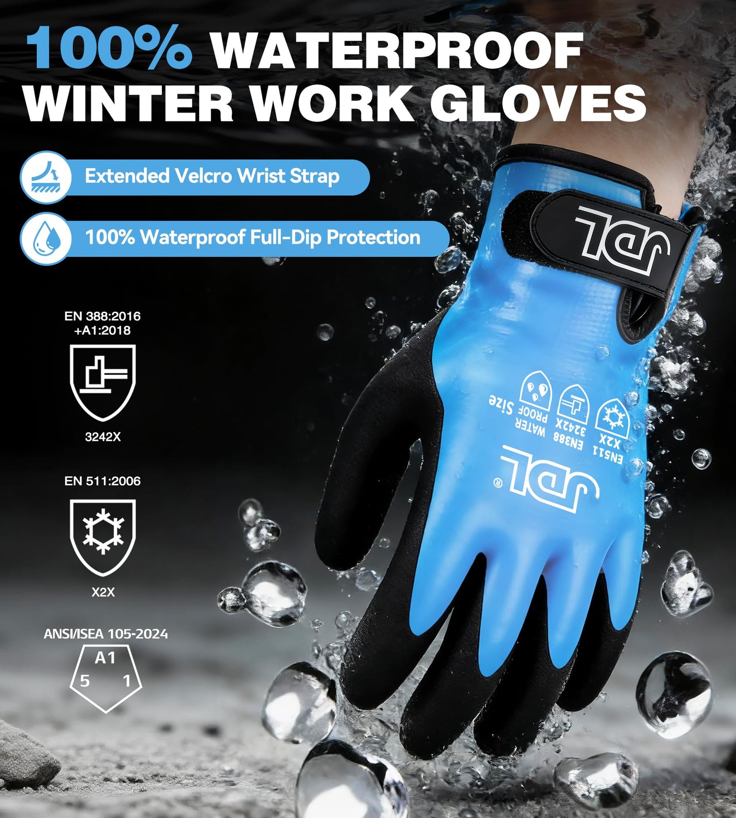 JDL 100% Waterproof Winter Work Gloves for Men & Women, Thermal Insulated Freezer Gloves for Cold Weather, Super Grip Palm, Blue, XX-Large