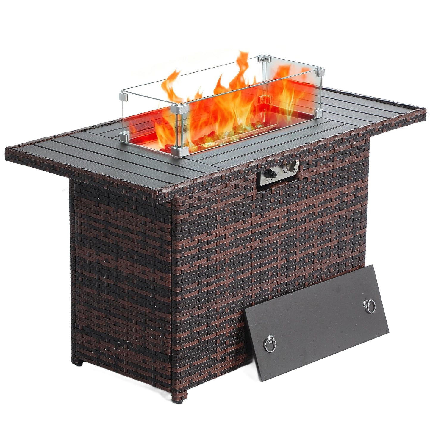EortheX 44 Inch Propane Fire Pit, Steel Gas Fire Feature Table with Iron Lid,Glass Rock, Rain Cover and Tempered Glass Wind Guard for Outside Garden Backyard Deck Patio