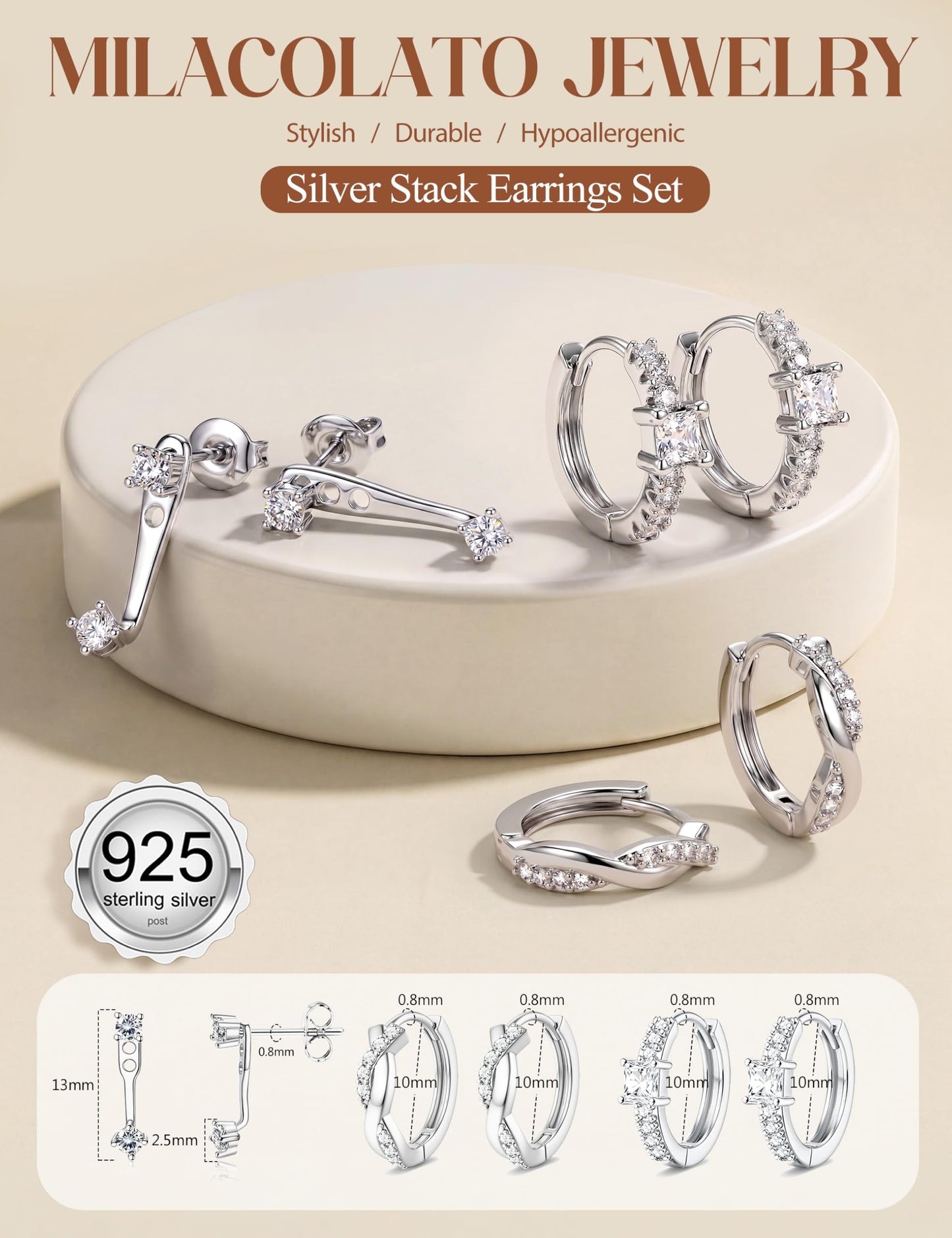 MILACOLATO 3Pairs 925 Sterling Silver Earrings for Women, Sterling Silver Filled Small Huggie Hoop Earrings Sets for Multiple Piercing Hypoallergenic, CZ Cartilage Earrings Stacks Trendy Earrings, I