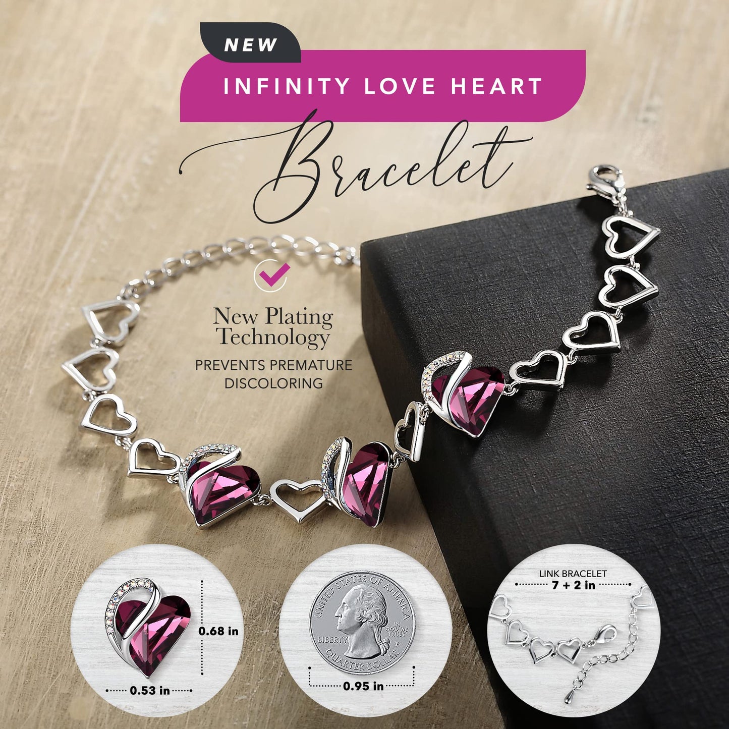 Leafael Mothers Day Gifts Infinity Love Heart Bracelet for Women, February Birthstone Crystal, Silver Tone Adjustable Chain