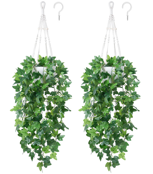 DREAMLOOM 2 Packs Fake Hanging Plants with Pots, Artificial Ivy Hanging Plants with Macrame Hanger for Indoor Decor, Fake Hanging Vines Faux Greenery for Home Kitchen Office