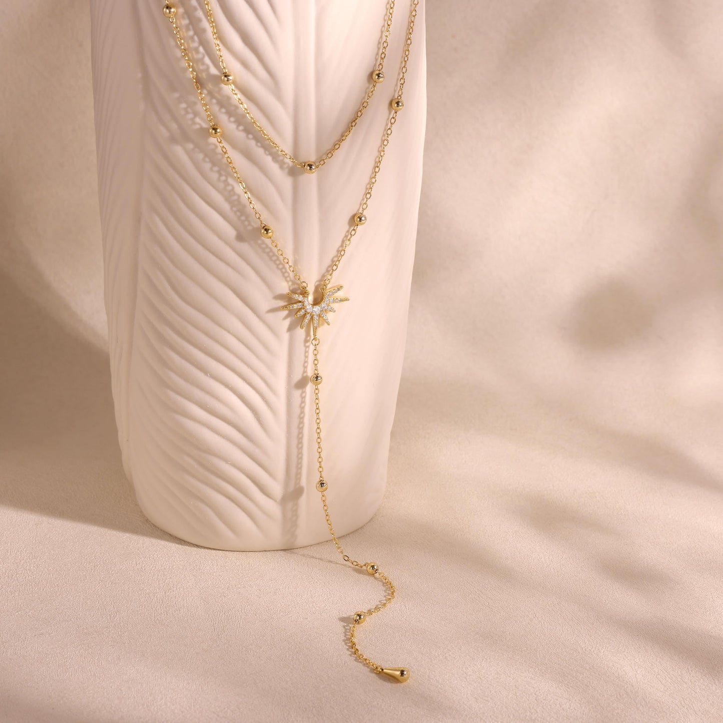 CHESKY Lariat Gold Necklace for Women, Dainty Long Necklace 14k Gold Plated Y-Shaped Pendant Necklace Trendy Layered Cz Beaded Chain Drop Necklaces Simple Gold Jewelry for Women Gifts