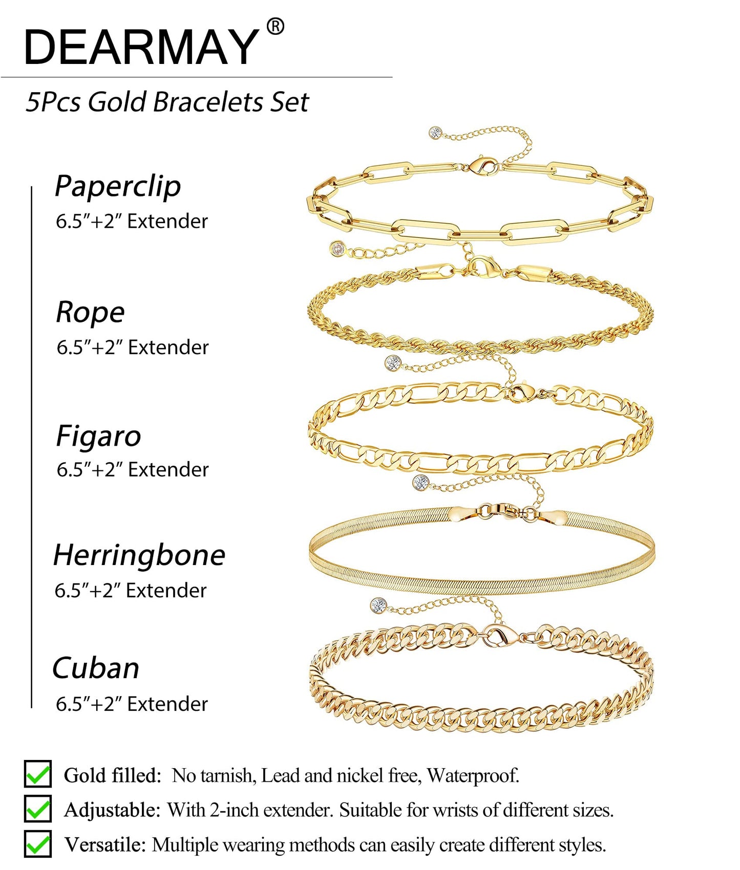 DEARMAY 14K Gold Plated Bracelets for Women Trendy Gold Jewelry Set for Women Cuban Link Chain Figaro Paperclip Rope Herringbone Bracelet Pack Gifts