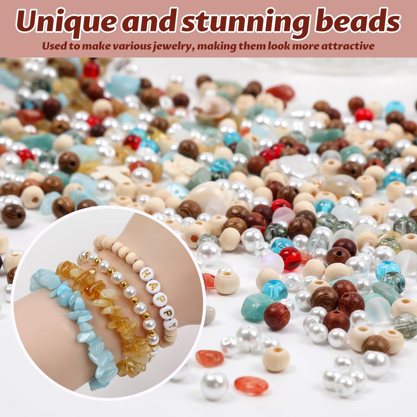 2000Pcs Jewelry Making Kit for Adults Women - Natural Stone Beads, Irregular Gemstone Chips, Pearls & Wooden Beads with 1 Pearl Necklace Gift - DIY Bracelet, Ring, Earring & Necklace Making Supplies