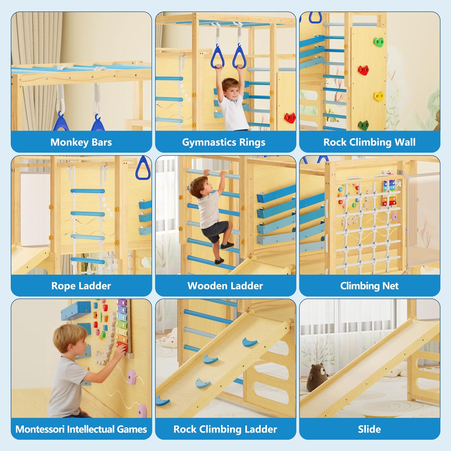 9-IN-1 Outdoor Indoor Jungle Gym, Montessori Wooden indoor playground for kids 2-8, Wooden Climbing Structure with Slide, Monkey Bars, Rope Ladder, Rock Wall, Climbing Net, Rings - Natural Wood Blue