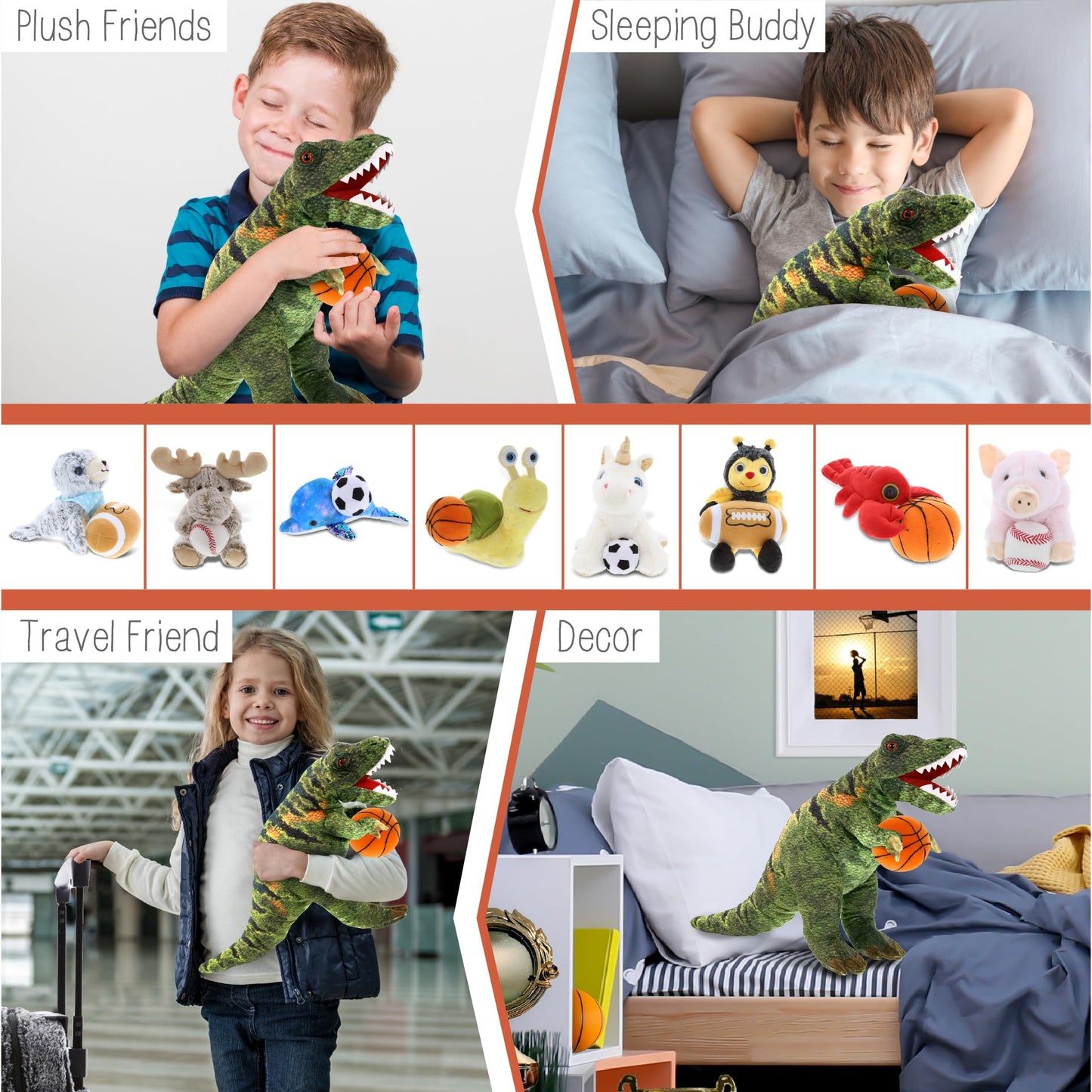 DolliBu Tyrannosaurus Rex Dinosaur Stuffed Animal with Basketball Plush - Soft Huggable T-Rex, Adorable Playtime Plush Toy, Cute Wildlife Gift, Personalized Animal Toy for Kids and Adults - 16 Inches