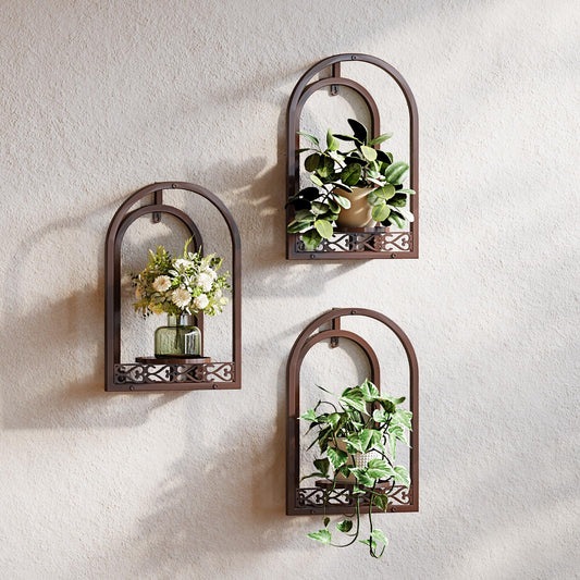 Rioneta Hanging Planter for Indoor & Outdoor Plants, Mid Century Modern Iron Frame Wall Decor for Living Room Garden Patio 3 Pack Coffee（No Light）