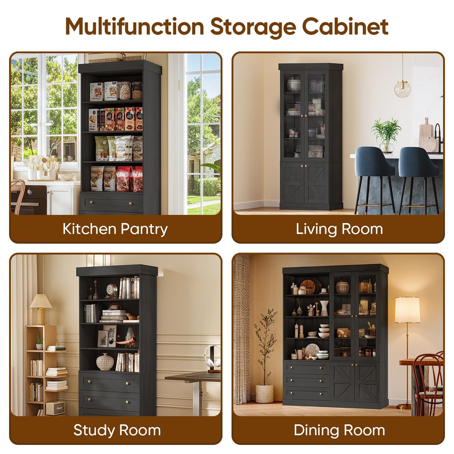 Vyre 71" Tall Farmhouse Kitchen Pantry, Set of 3 Large Storage Cabinets with Glass Doors, Freestanding Wood Hutch Cabinet with 3 Drawers, Adjustable Shelves for Living Room, Dining Room, Black