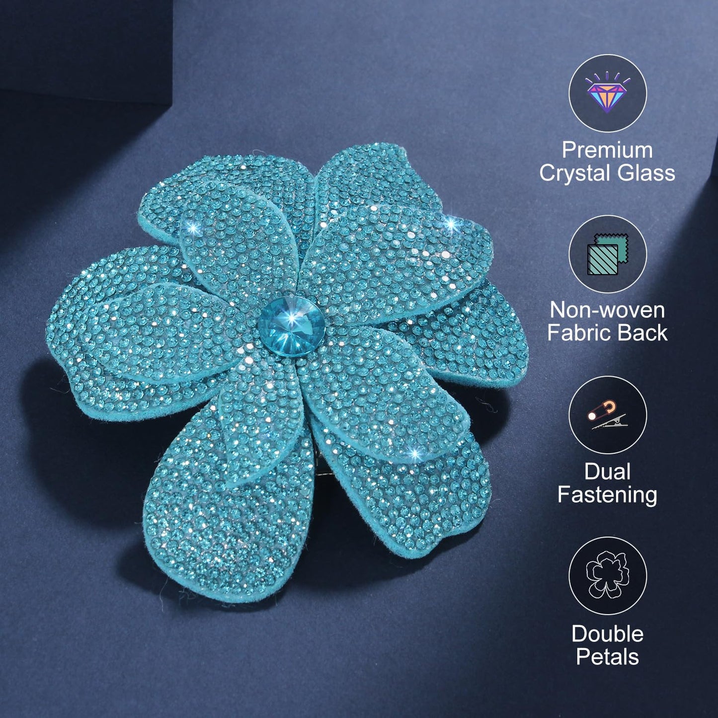 Merdia 3.74 Inches Rhinestone Camellia Flower Brooch Pins & Hair Clips for Women Elegant Created Crystal Lapel Pin Brooches Wedding Party Blue