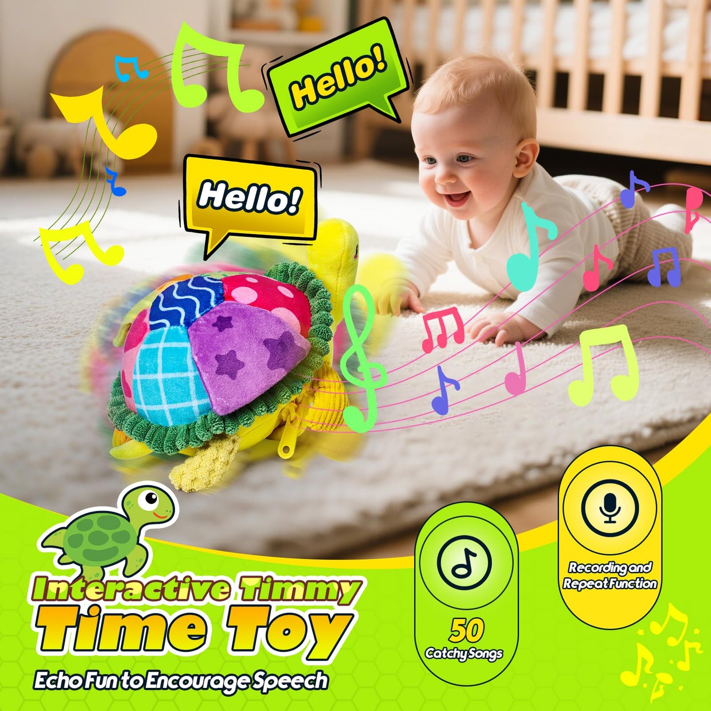 Esjay Crawling Musical Turtle Plush Toy and Busy Board, Dancing Bouncing Recording Walking Sensory Toys for Boys Girls Toddlers, Yellow