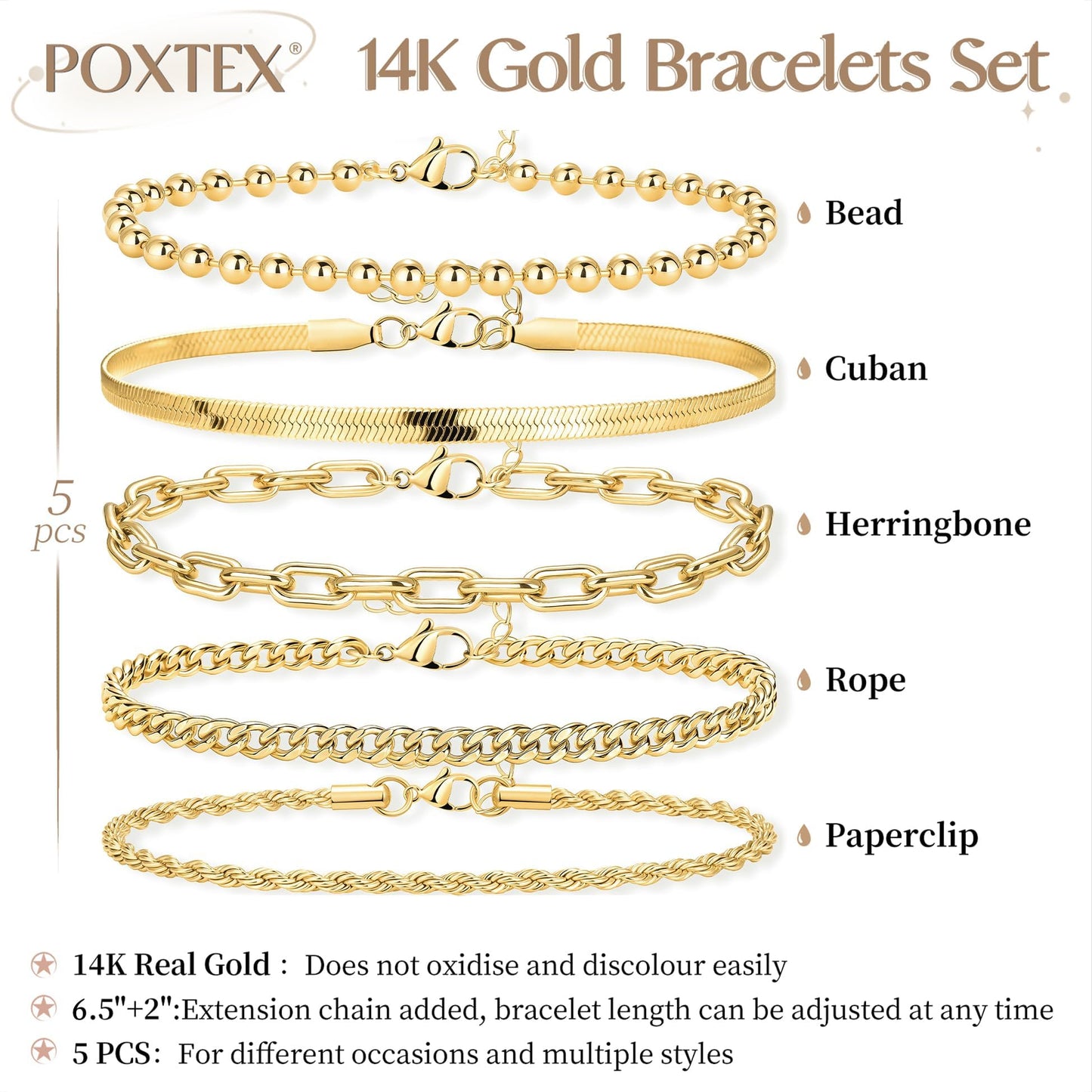 Gold Bracelets for Women Stack Non Tarnish, 14K Gold Plated Stackable Bracelets Set for Women Trendy, Waterproof Simple Jewelry Sets Gifts Inclued Beaded/Cuban/Paperclip/Herringbone/Rope Link Chian, Fashion Accessories