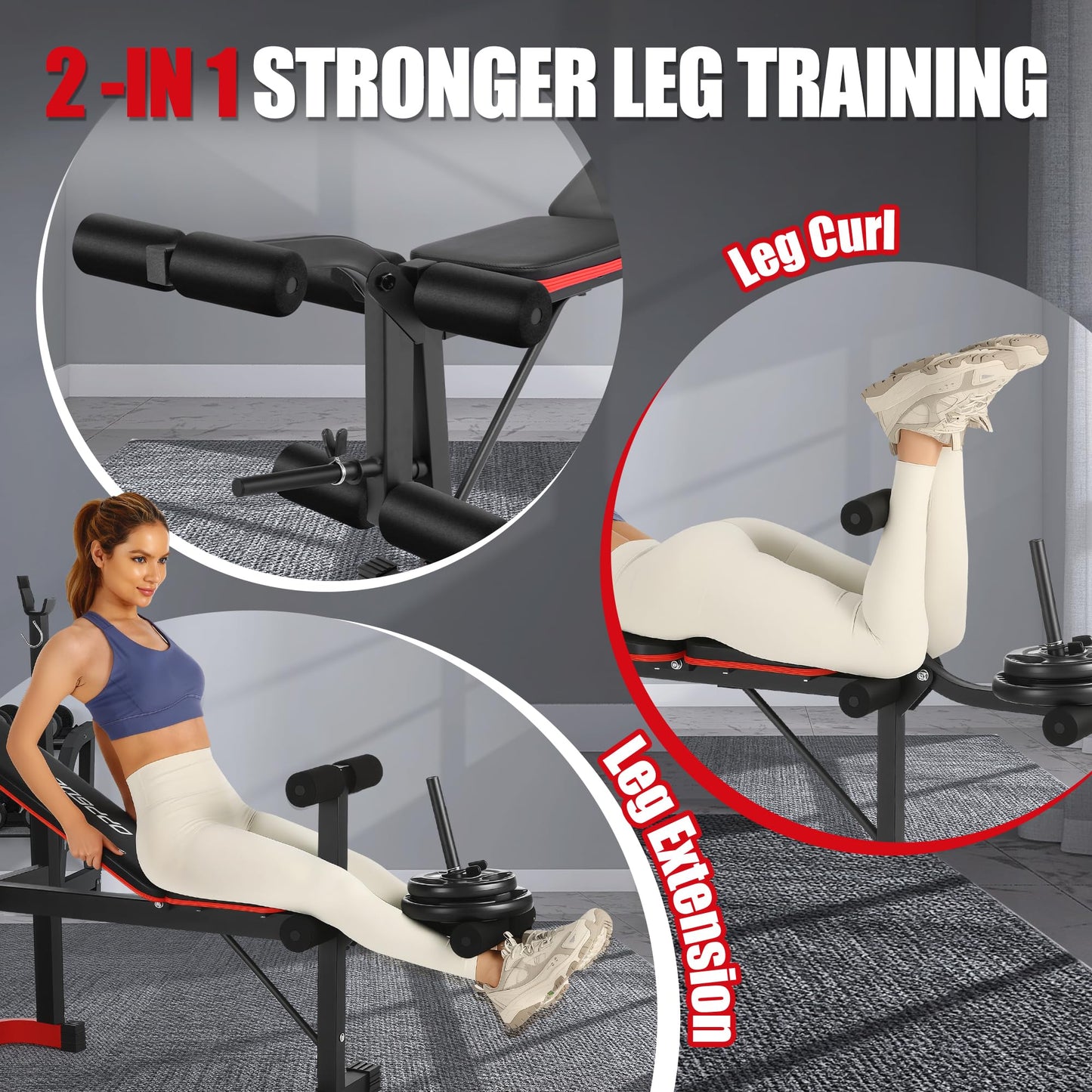 OPPSDECOR Foldable Weight Bench Set with Preacher Curl Pad and Squat Rack, 660LBS Adjustable Bench Press with Leg Extension and Leg Curl, Incline Decline Home Gym Bench for Women Teens Full Body Strength Training