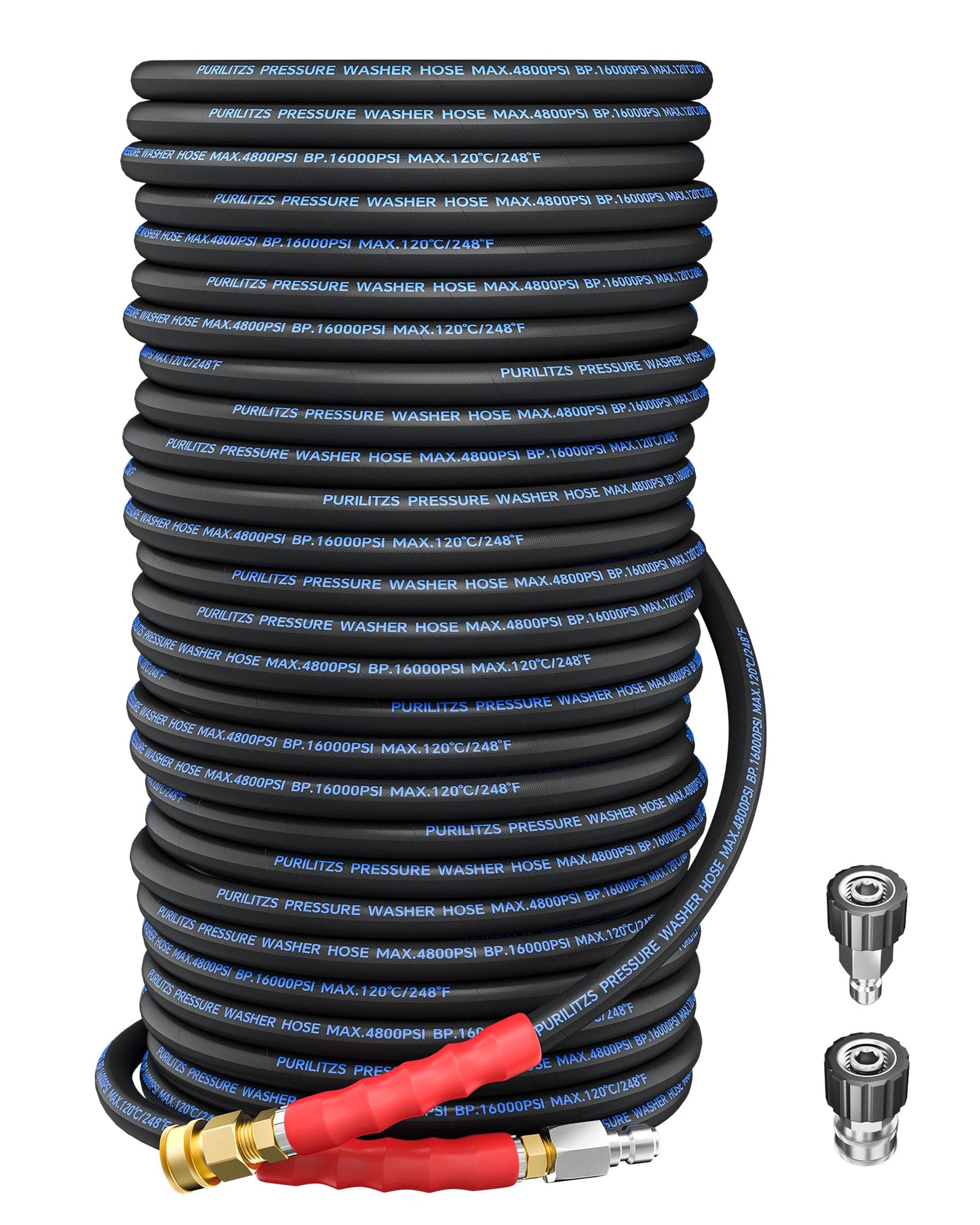 Purilitzs 3/8'' Pressure Washer Hose 200FT 4800PSI, Kink Resistant Power Washer Hose Steel Wire Braided with Swivel Quick Connect & 2PCS M22 Adapter, Non Marking Commercial Grade Pressure Water Hose