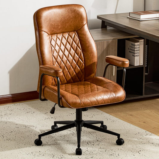 Furnistyle Leather Home Office Desk Chairs, Comfy Office Chair, Mid Century Modern Office Chair with Lumbar Support, Mid-Back Adjustable Swivel Computer Chair with Wheels and Arms, Brown