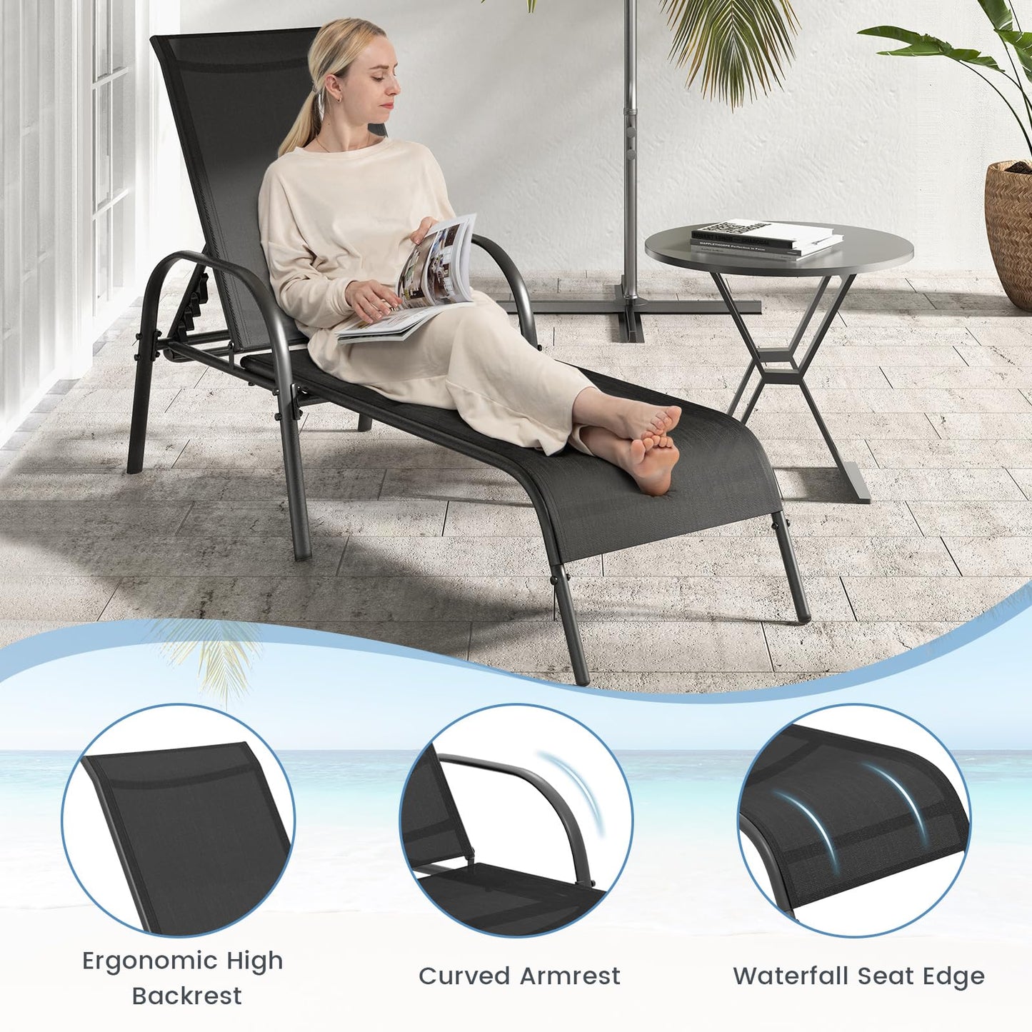 Giantex Patio Lounge Chair, Outdoor Chaise Lounge with 5 Adjustable Backrest, Sturdy Steel Frame, Sunbathing Recliner, Beach Chair, Tanning Chair for Outside, Yard, Balcony, Pool Chairs, Black