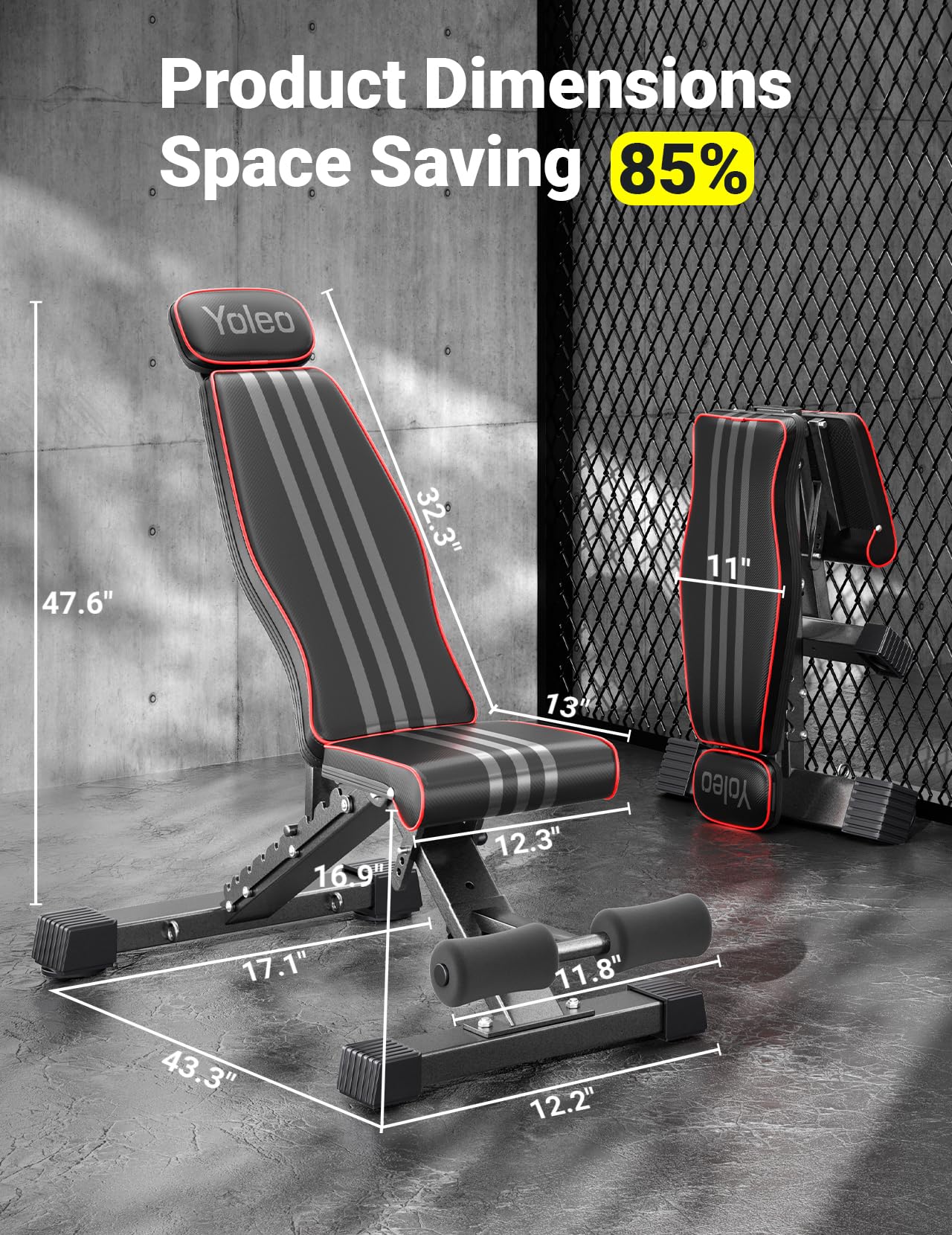 Yoleo Adjustable Weight Bench, 827LB Foldable Workout Bench with Extended Head/Neck Protection/Spine Support for Bench Press, Fast Folding Incline Decline Flat Bench