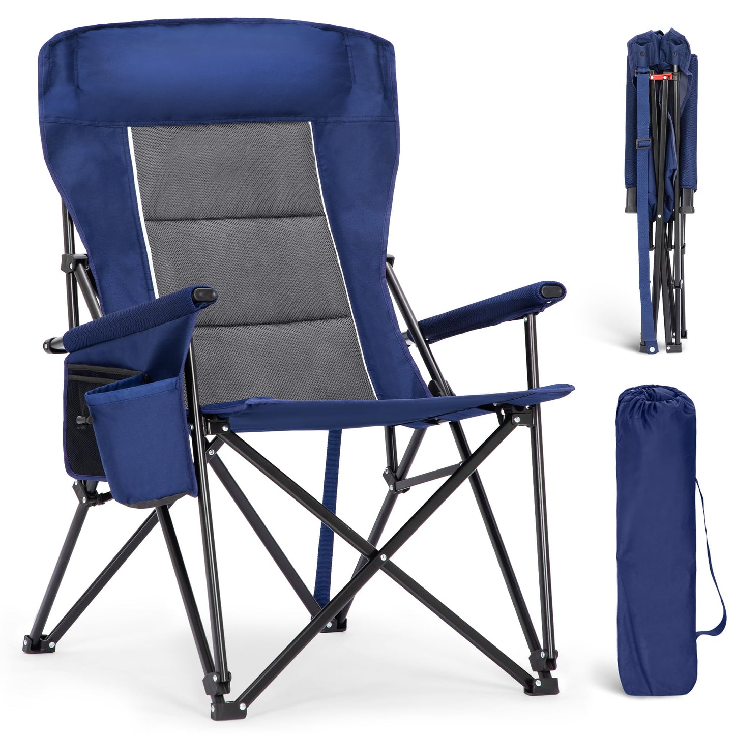 ALPHA CAMP Oversized Folding Camping Chairs High Backrest Heavy Duty Lawn Chairs for Adults Support 500 LBS Portable Camp Chairs with Cup Holders Large Side Pocket for Outdoor