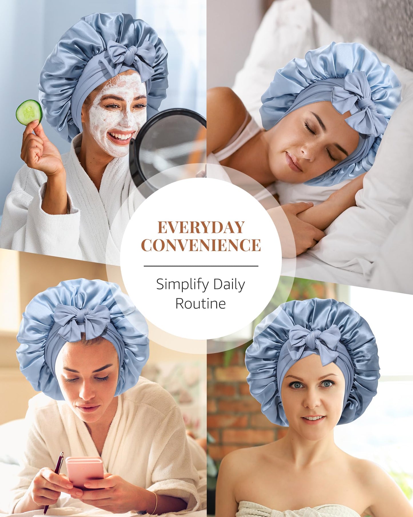 AWAYTR Silk Bonnet for Sleeping Women 100% Mulberry Silk Bonnet with Band 2 Layer Reversible Hair Bonnet Sleeping Hair Wrap (Silk, Haze blue/Sky blue)