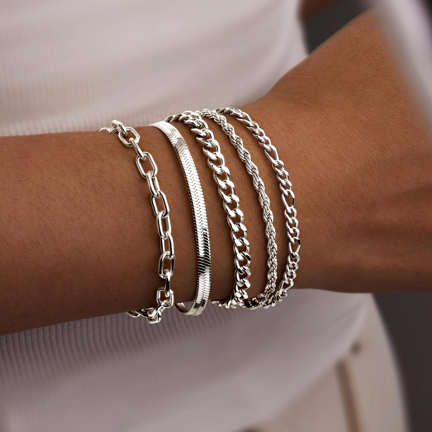 Poxtex Dainty Silver Bracelets for Women, Silver Bracelet Set Waterproof,Trendy Silver Bracelet Set StackableSimple Cuban Snake Rope Paperclip Chain Bracelet Jewelry Gifts for Women