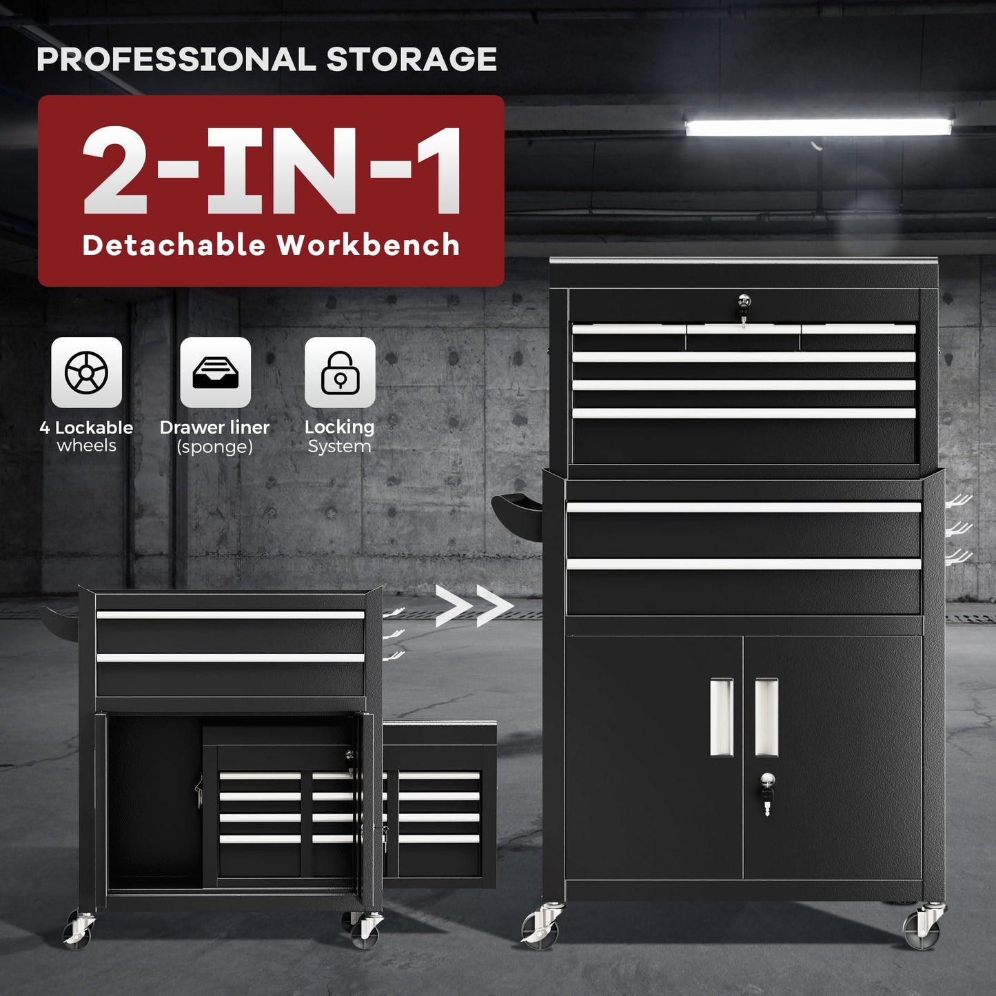 Bonusall 8 Drawer Rolling Tool Chest and Cabinet Combo,Heavy-Duty Metal Garage Tool Chest with Wheels and 2 Doors,2-in-1 Top Box and Roller Cabinet Combo for Garage, Workshop, Warehouse-Black