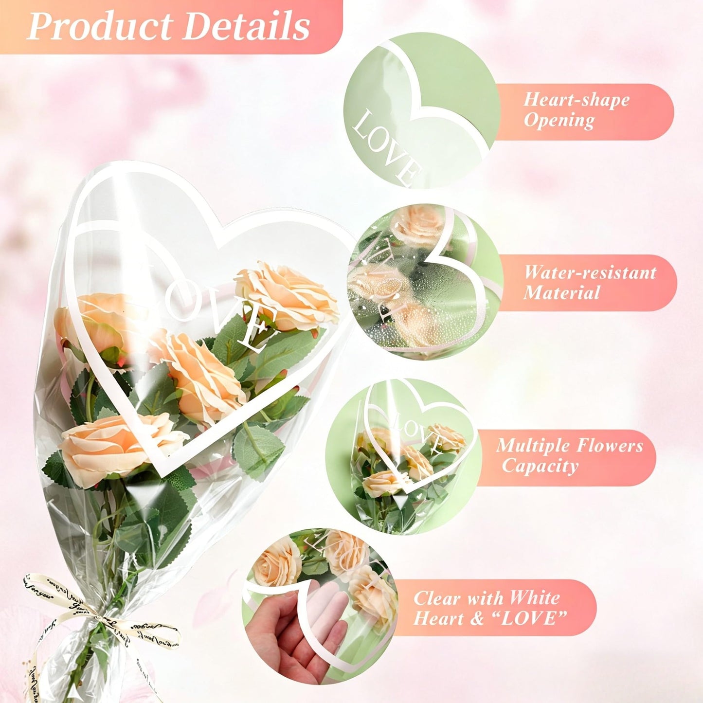 CHAQiWi Flower Bags for Bouquets Wrapping, Bulk Cellophane Sleeves for Flower Bar Supplies Wedding Birthday Mother's Day Valentine's Day (White Heart, 50PCS)