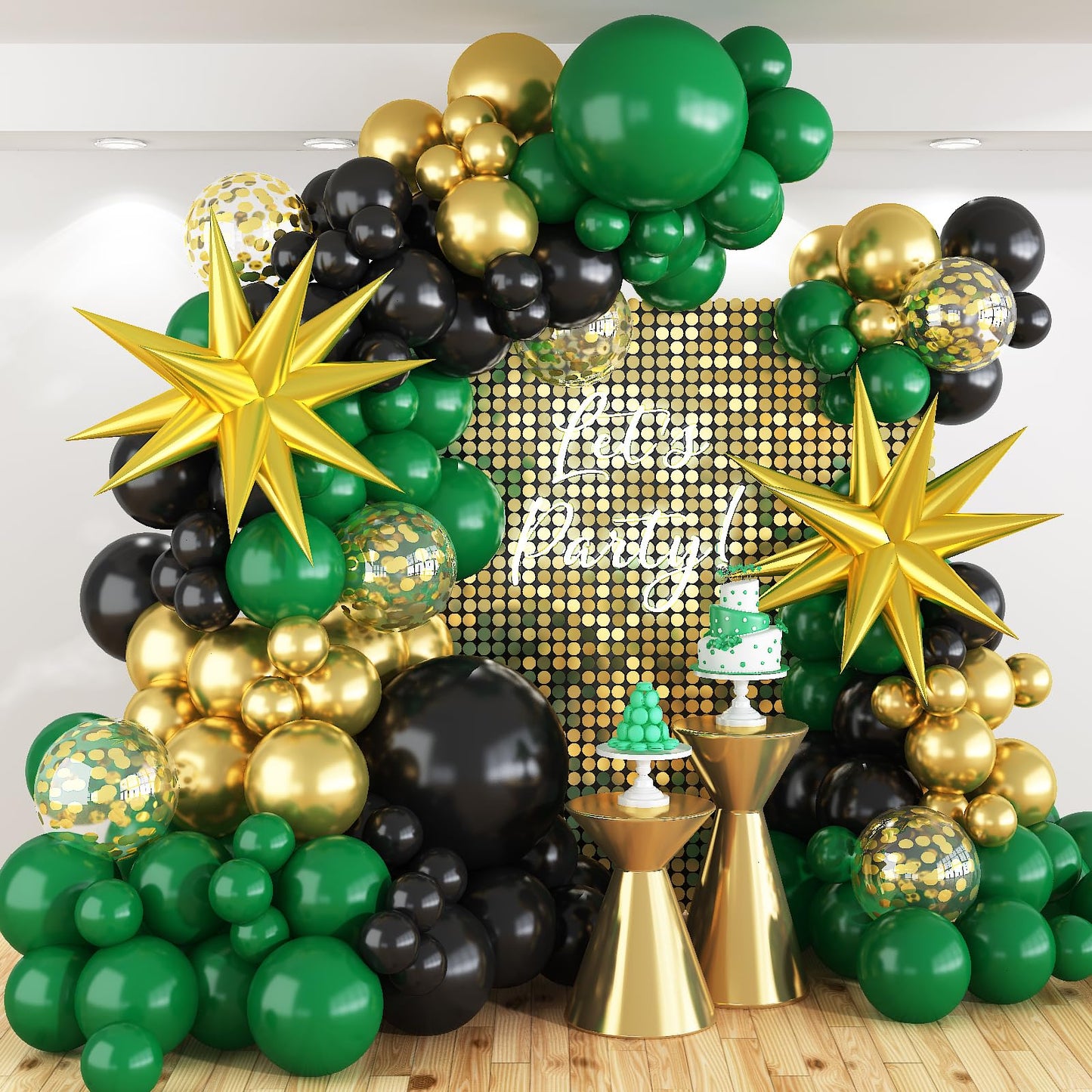 Dark Green and Black Balloon Arch Kit with Explosion Star Balloons, 123pcs Emerald Green and Confetti Gold Balloon Garland for Birthday Anniversary Bachelorette Grad Father's Day Party Decorations