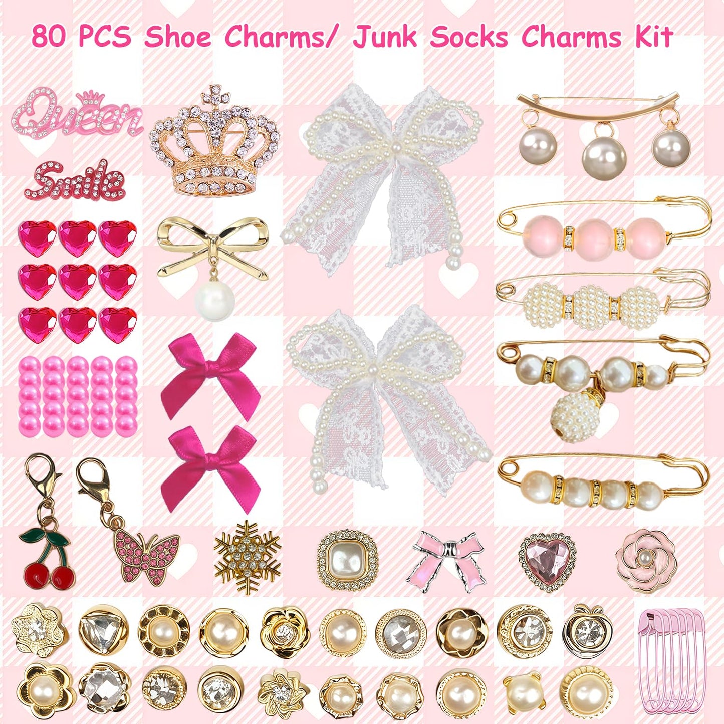 Molirex 80 Pcs Shoe Charms for Sneakers Women Junk Socks Charms Kit with Pearl Shoelace Gold Brooches and Pins, Rhinestone Pink Bows Charm Set