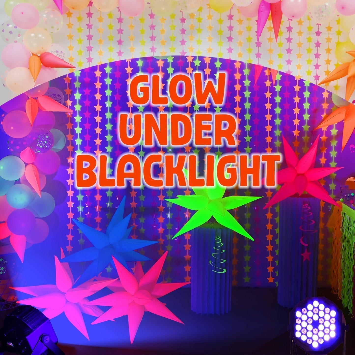 Mega-L Glow in The Dark Party Supplies, 5 Pcs Neon Explosion Star Balloons Kit, Neon Party Decorations, DIY Neon Balloon with 12 point Cone Balloons for Birthday Wedding Graduation