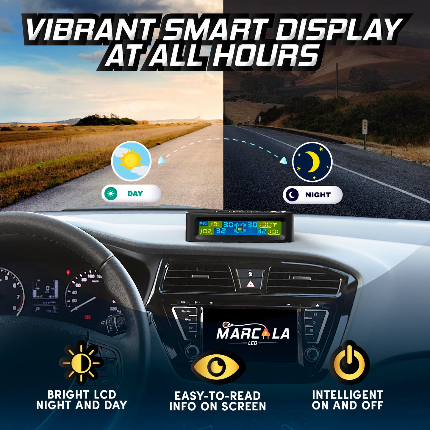 MARCALA TPMS Sensors Set of 4 | External Tire Pressure Sensors Pack of 4 | Tire Monitoring System for SUV, Truck & Autos | Auto-Dim Bright LCD Display 0-98PSI | Prevent Blowouts, Flats & Drive Safely!