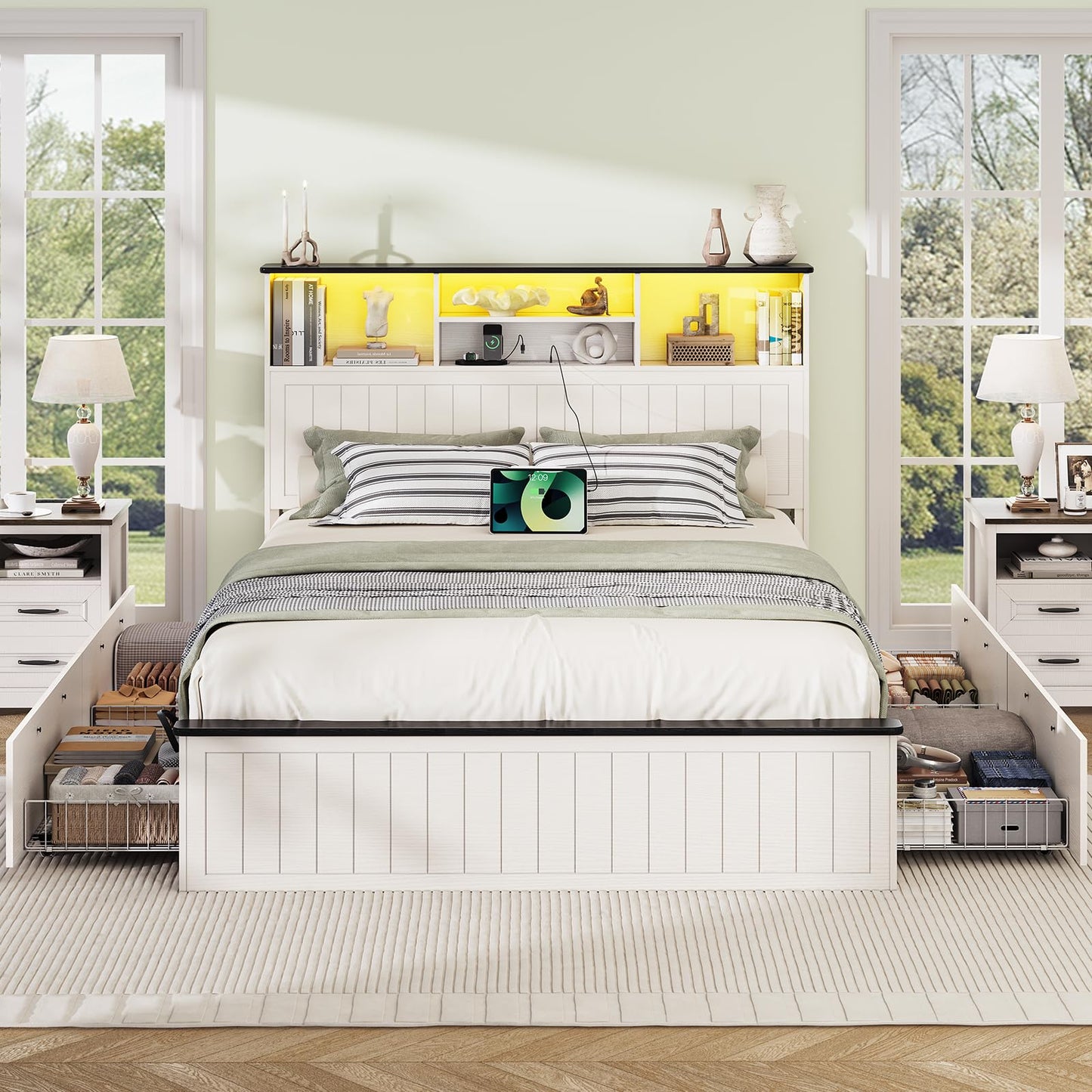 Yoobure Queen Bed Frame with Headboard - Farmhouse Wood Bed Frames Queen Size with 4 Storage Drawers, Platform Beds with Charging Station & LED Light, No Noise Double Bedframe, No Box Spring Needed
