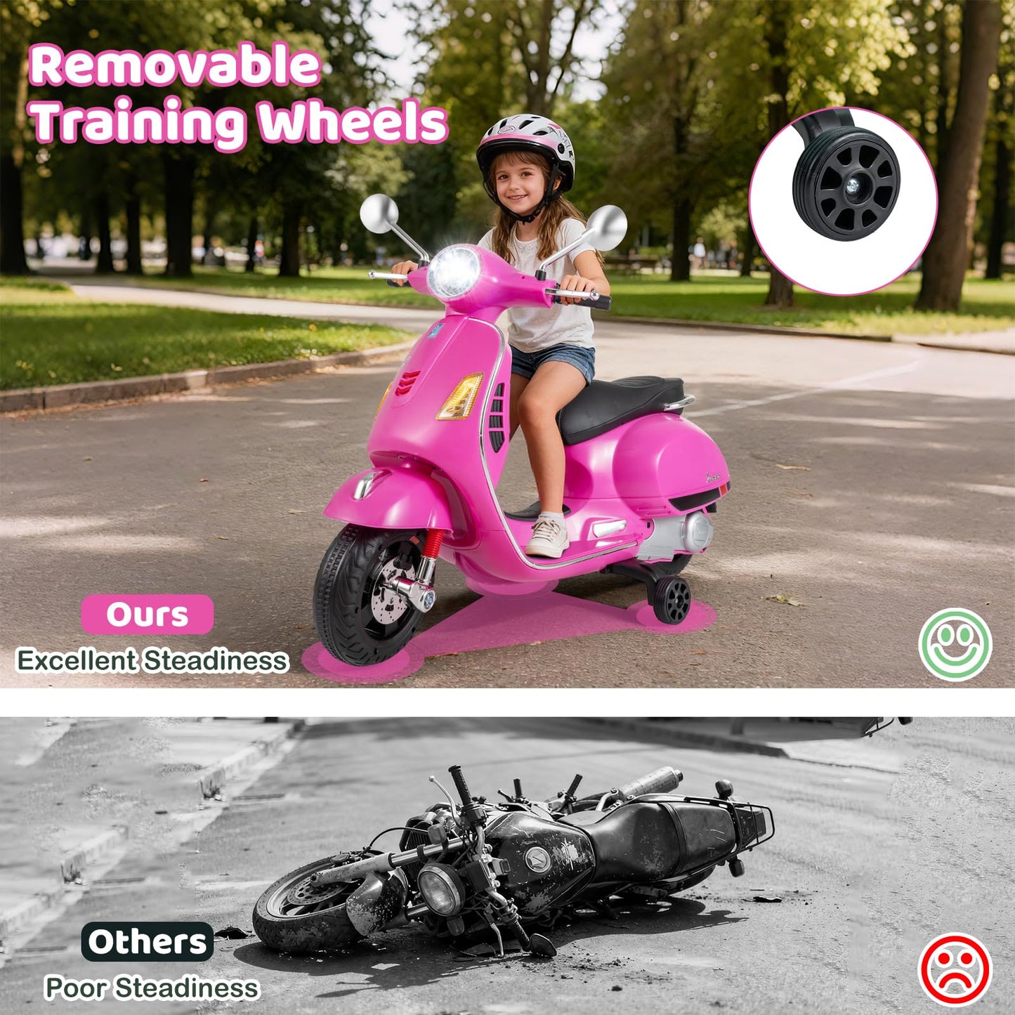 Costzon Toddler Motorcycle, 12V Licensed Vespa Ride on Motorcycle with Training Wheels, LED Headlight & Horn Sound, Ride on Toy, Battery Powered Motorbike, Gift for Boys & Girls (12V,Rose Pink)