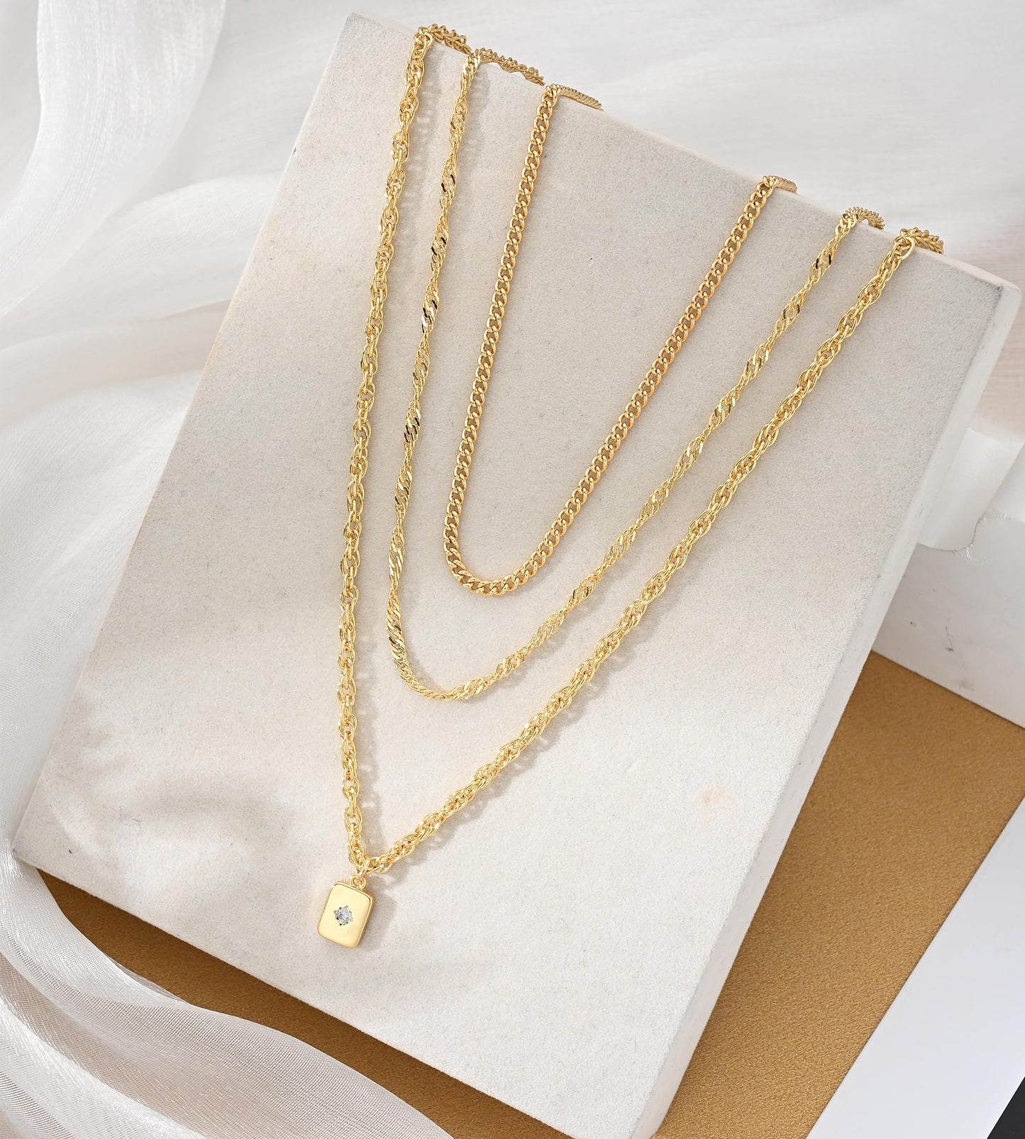 YEEZII Layered Gold Necklaces for Women Trendy, 3 Pcs 14K Gold Plated Choker Paperclip Box Chain Necklace, Stackable Women's Gold Pendant Necklaces Jewelry Set (Yellow Gold)