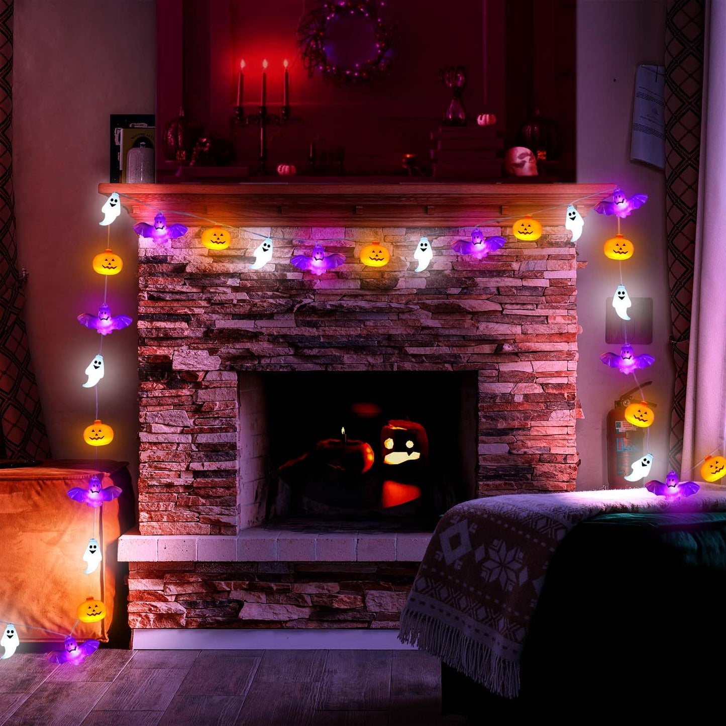 UZKEW Halloween String Lights, 16.4FT 30 LED Pumpkin Bat Ghost Battery Operated Orange and Purple Lights Strobe 8 Lighting Modes Timer Fairy Indoor Outdoor Window Front Porch Decor Party Decorations