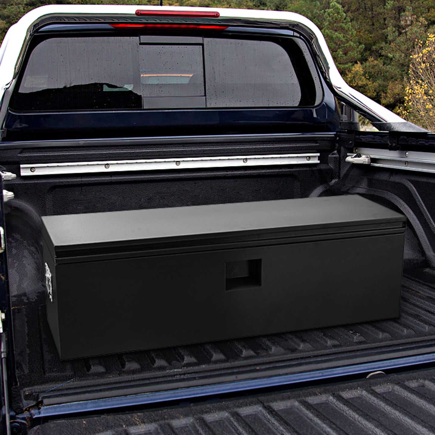 PeakPursuit Heavy Duty Black Steel Truck Bed Toolbox – 48x15 in Weatherproof Storage Chest with Dual Hydraulic Levers, Lock & Keys, Rubber Seal, Ideal for Pickup, RV, Trailer, Garage, Workshop