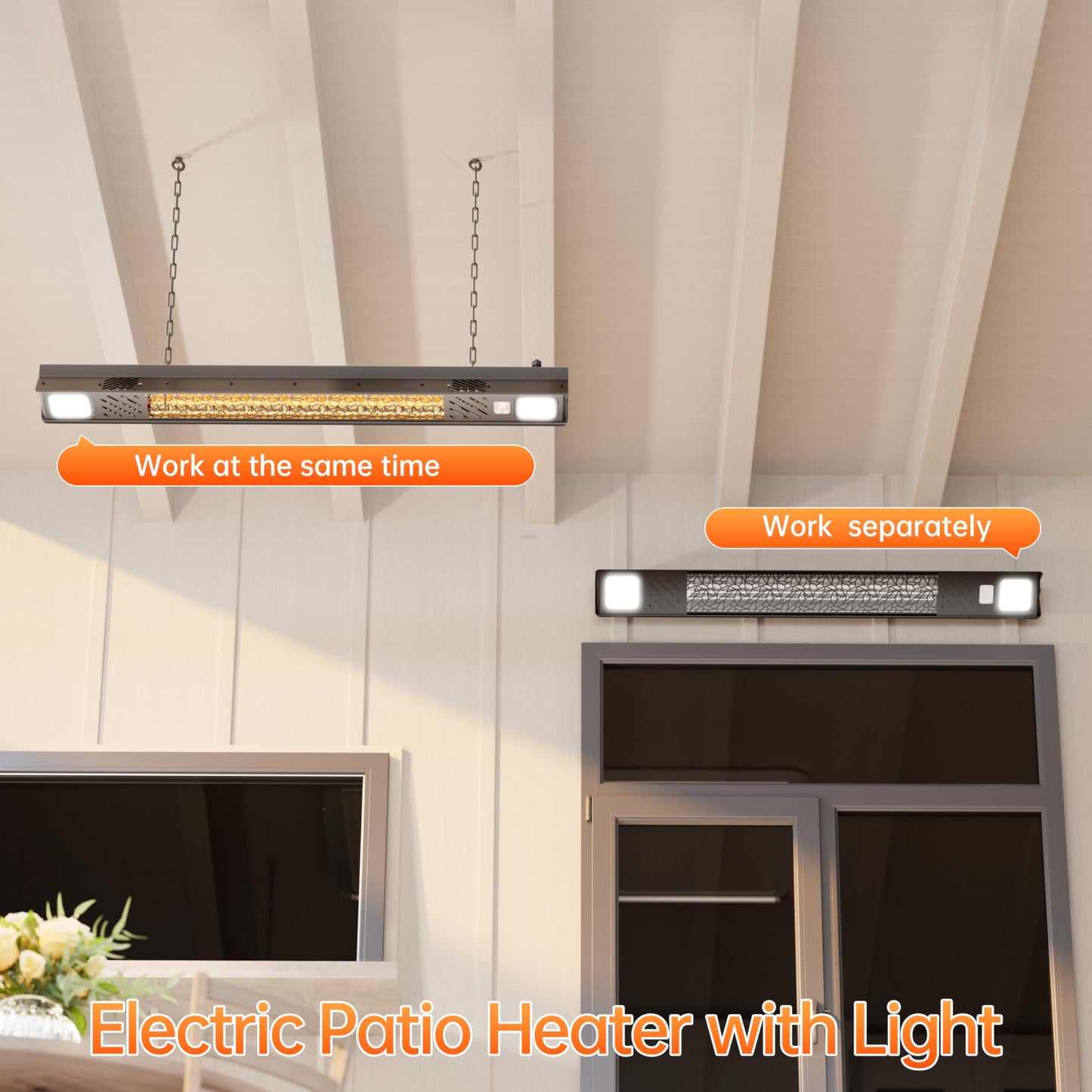 Wall-Mounted Electric Heater Hanging Patio with Light Ceiling Outdoor, 1500W Infrared 9 Heat Levels, 24H Timers, 1s Heating Carbon Fiber Tube Wall Heater for Backyard, Garage