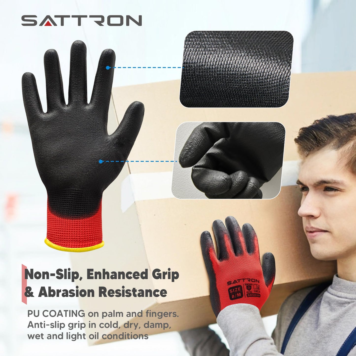 SATTRON Safety Work Gloves PU Coated, 12 Pairs Seamless Knit Gloves with Polyurethane Coating Working Gloves Excellent Grip for Men & Women, Breathable, Ideal for General Duty Work DIY (Red, Small)