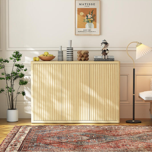 46.7 in Sideboard Buffet Cabinet with Storage, Wooden Fluted Storage Cabinet Sideboard with Adjustable Shelves and 3 Doors, Wood Accent Credenza Coffee Bar Table for Kitchen Living Room- Natural