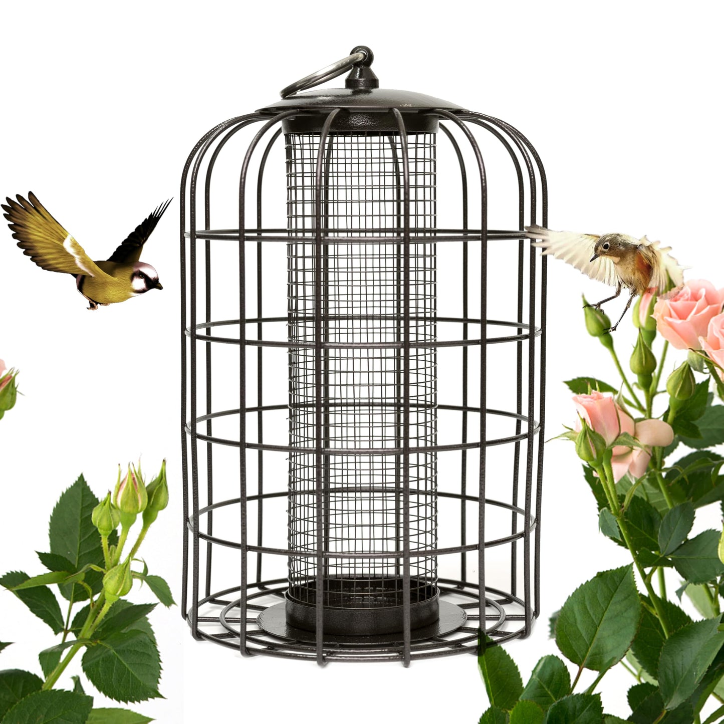 Nature's Rhythm Outdoor Hanging Bird Feeder Cage Mesh Tube Squirrel Proof Wild Bird Feeder with Large Metal Seed Guard Deterrent Green