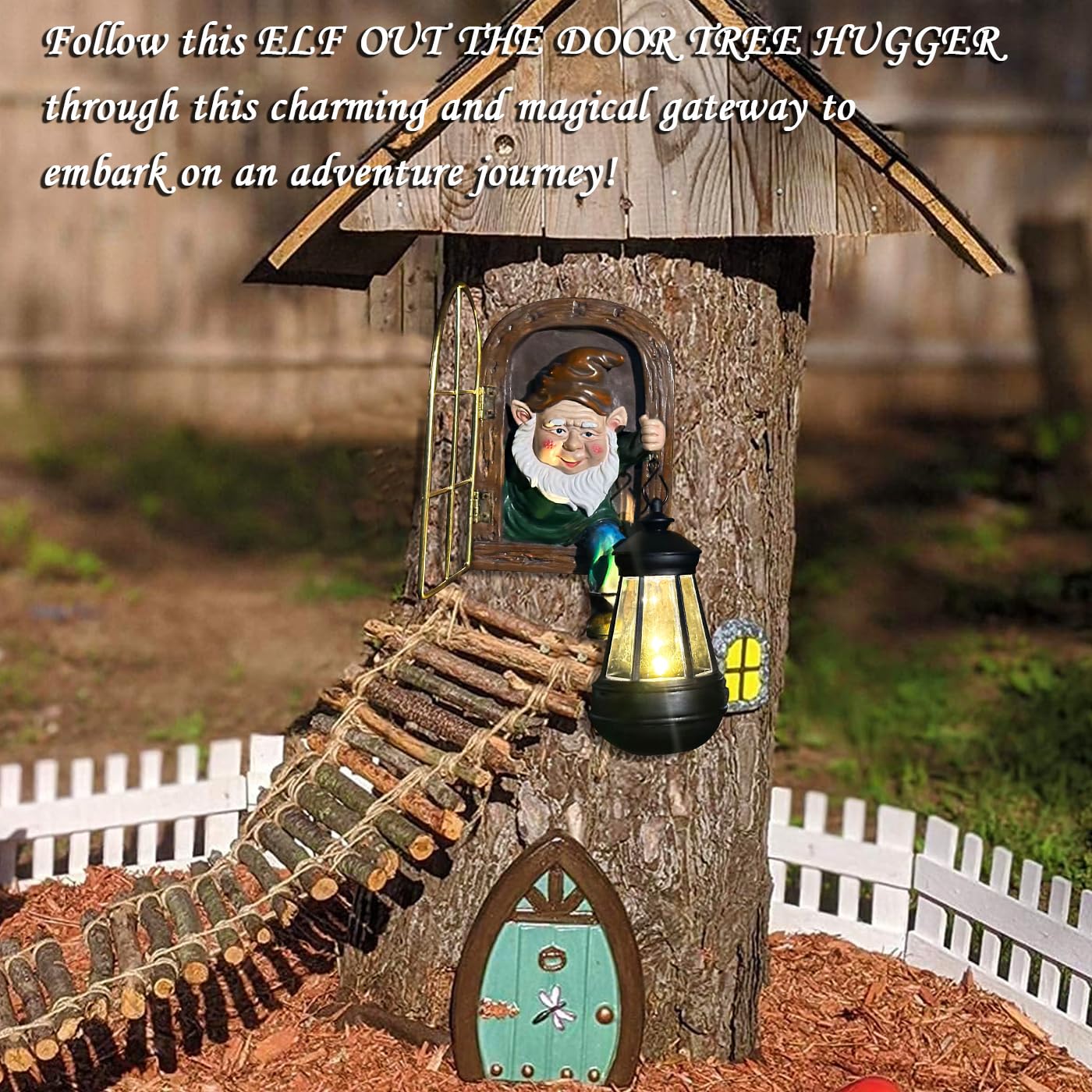 Fairy Garden Statues Gnomes Solar Lantern - Halloween Elf Out The Door Tree Hugger Figurines Fence Wall Yard Art Home Decor Outdoor Tree Face Sculpture, Ideal Thanksgiving Decorations