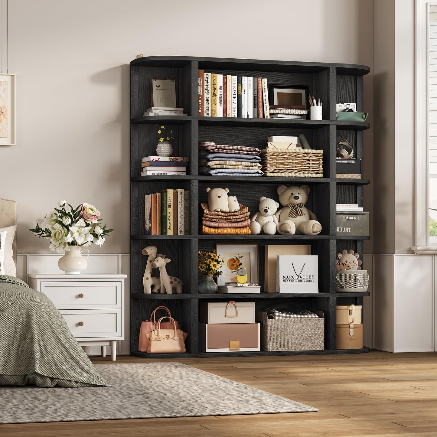 TVU 5-Tier Wood Book Shelf, 47" Wide Large Bookshelf and Bookcase, 62" Tall Bookshelf with Curved Side Shelves, Freestanding Wood Display Book Shelves for Living Room, Home Office, Black